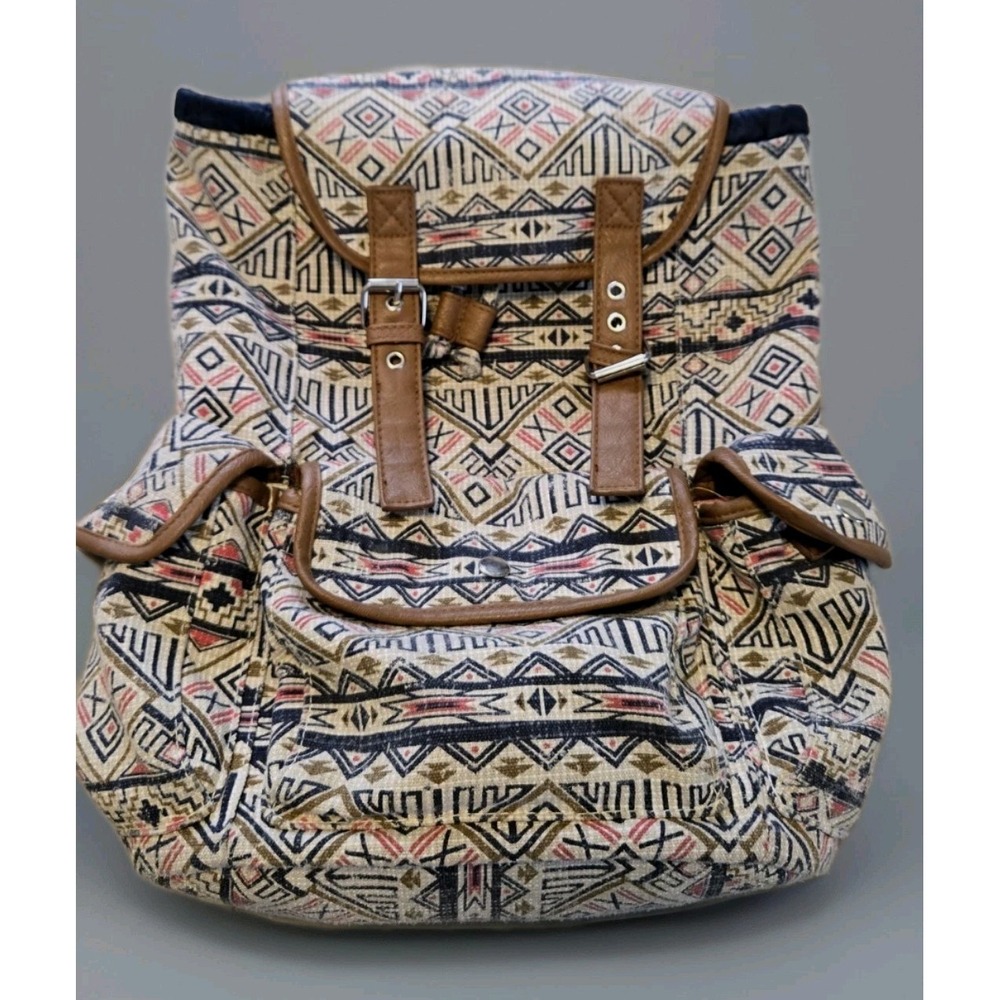 Mudd Aztec Backpack Boho Tribal Print Canvas Faux Leather Festival Bag Y2K Geode